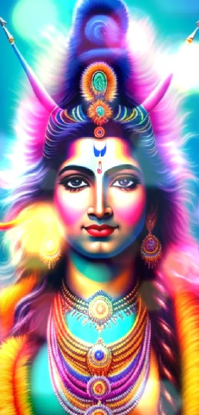 Vibrant color art of a Hindu deity on blue background.