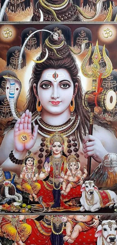 Hindu deity wallpaper featuring Lord Shiva and family in vibrant colors.