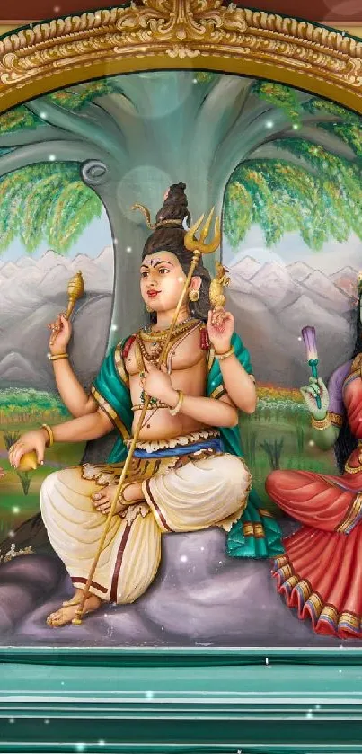 Intricate Hindu deity art with vibrant colors and serene background.