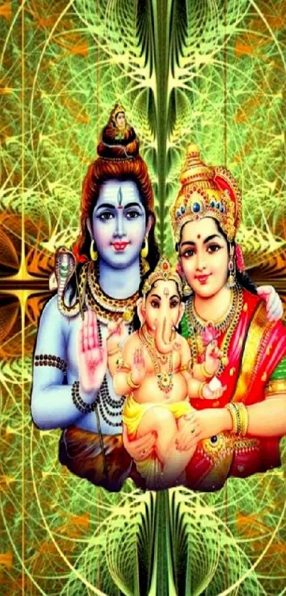 Hindu deities with vibrant patterns in colorful artwork.