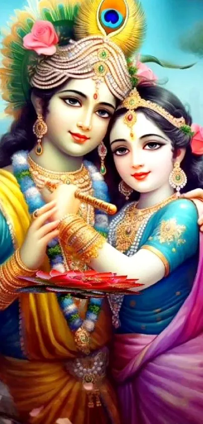 Hindu deities in vibrant attire, embracing with spiritual grace.