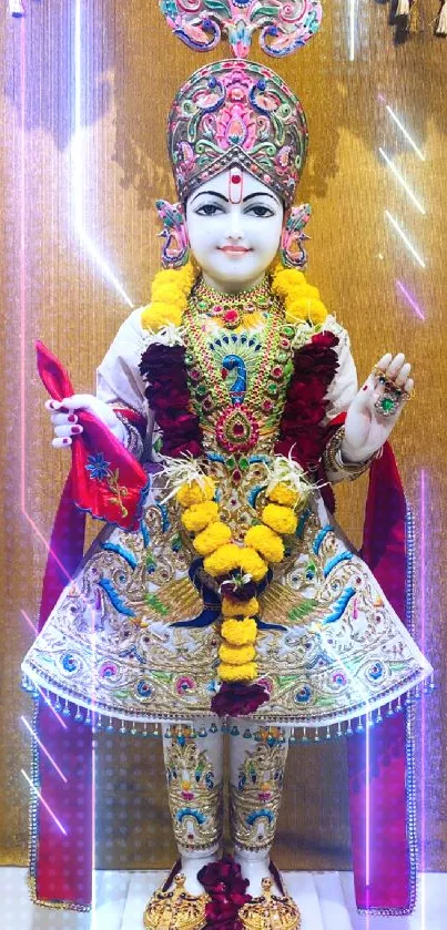 Vibrant Hindu deity in ornate attire on golden background.