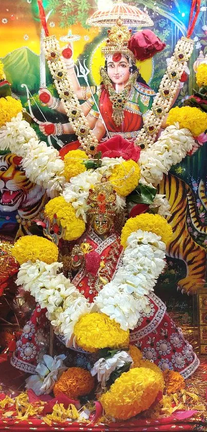 Vibrant Hindu deity with colorful flowers and spiritual theme on mobile wallpaper.