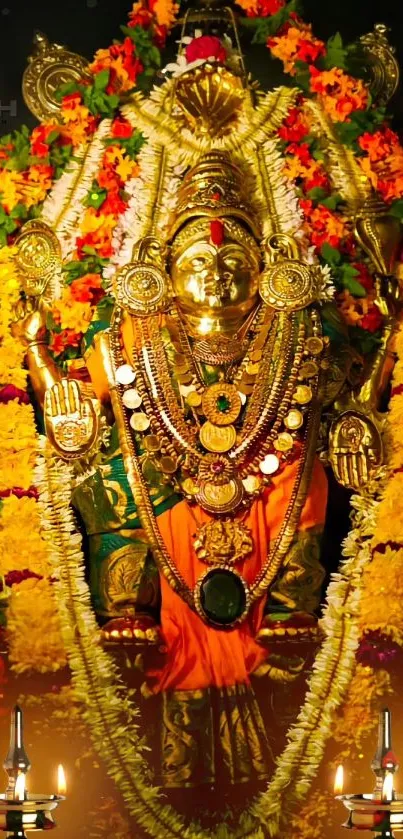 Golden Hindu deity adorned with colorful floral garlands.