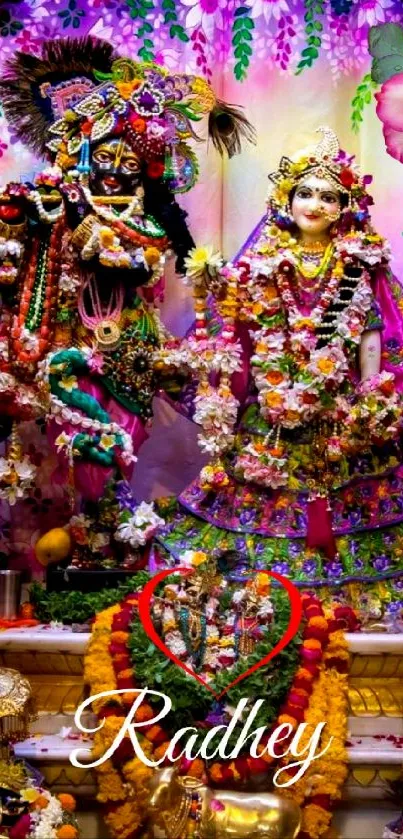 Radha and Krishna adorned in colorful flowers with vibrant pink hues.