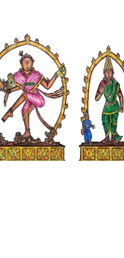 Colorful Hindu deities on artistic background.