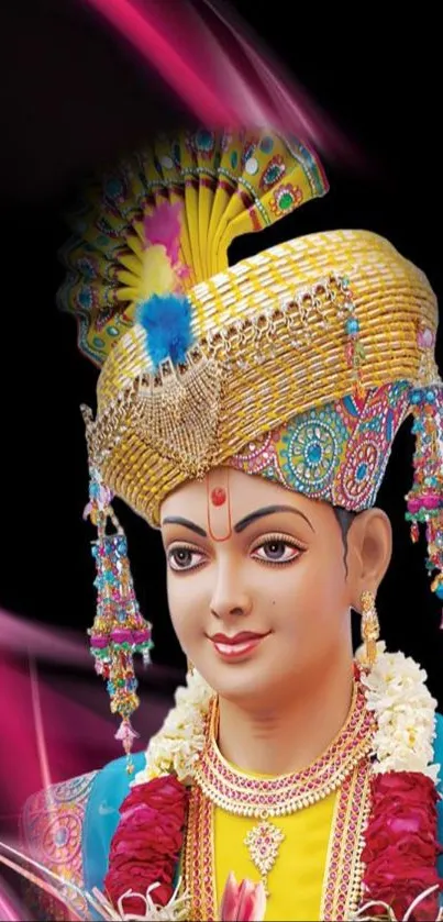 Hindu deity with vibrant colors in ornate attire.