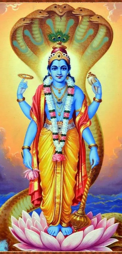 Colorful depiction of a Hindu deity with vibrant blue and yellow hues.