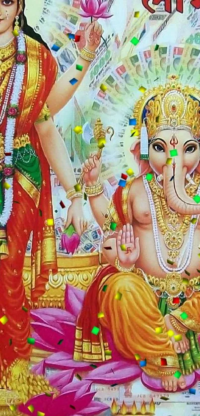 Colorful wallpaper of Hindu deities Ganesh and Lakshmi in vibrant attire.