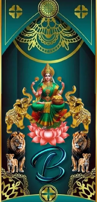 Hindu deity with tigers mobile wallpaper, teal and gold.