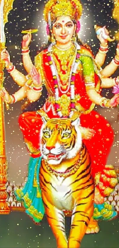 Colorful Hindu goddess with tiger mobile wallpaper.