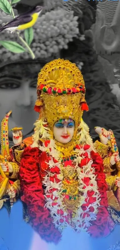 Vibrant Hindu goddess statue in red and gold attire with intricate details.