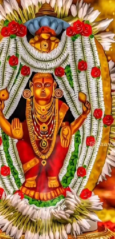 Vibrant Hindu goddess idol with colorful flowers.