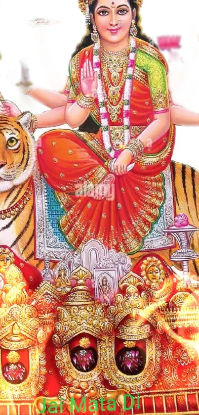 Hindu goddess sitting on a tiger in vibrant traditional attire.