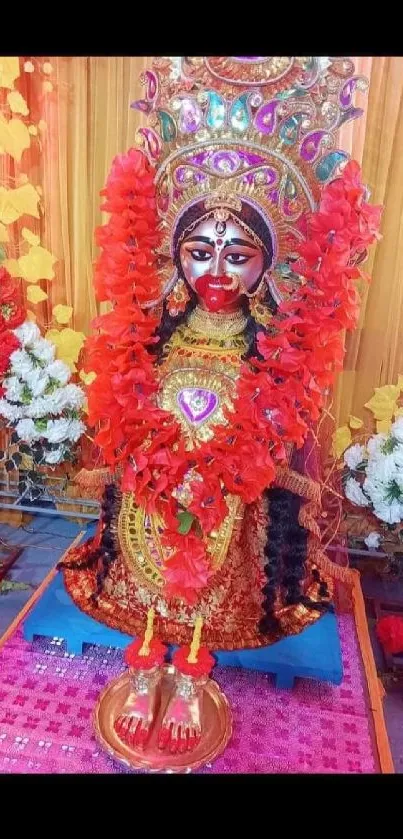 Colorful Hindu goddess with floral garland