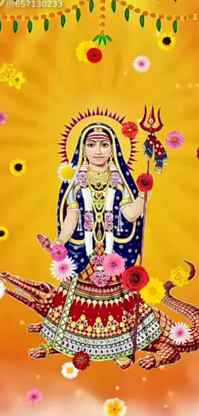 Vibrant image of a Hindu goddess with colorful floral accents on a radiant orange background.