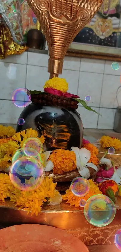 Hindu temple altar with colorful flowers and a sacred Shivling.