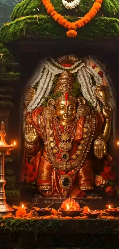 Golden deity sculpture in a Hindu temple with candles and flowers.