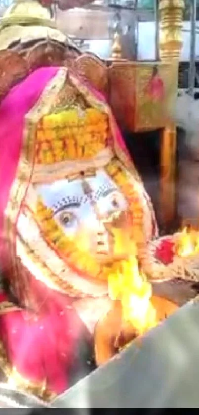 Hindu deity adorned with flowers and flames in a temple setting.