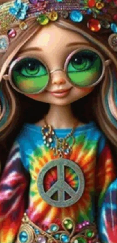 Colorful hippie character with vibrant attire and peace symbol.