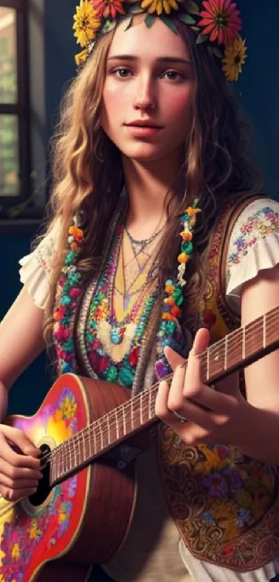 Hippie woman with guitar and flower crown.