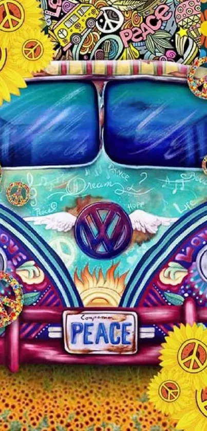 Colorful hippie van with flowers and peace symbols in vibrant bohemian style.