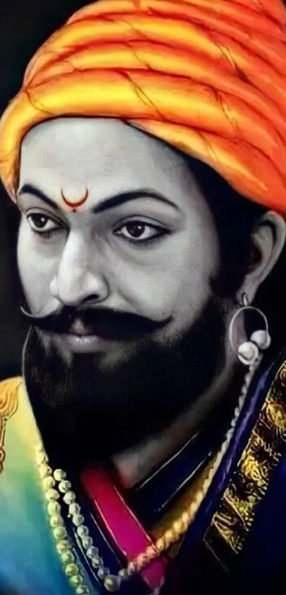 Vibrant portrait of historical figure with orange turban and ornate attire.