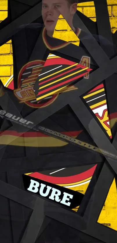 Vibrant yellow and black hockey-themed abstract mobile wallpaper.