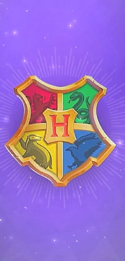 Hogwarts Crest on a vibrant purple background wallpaper.