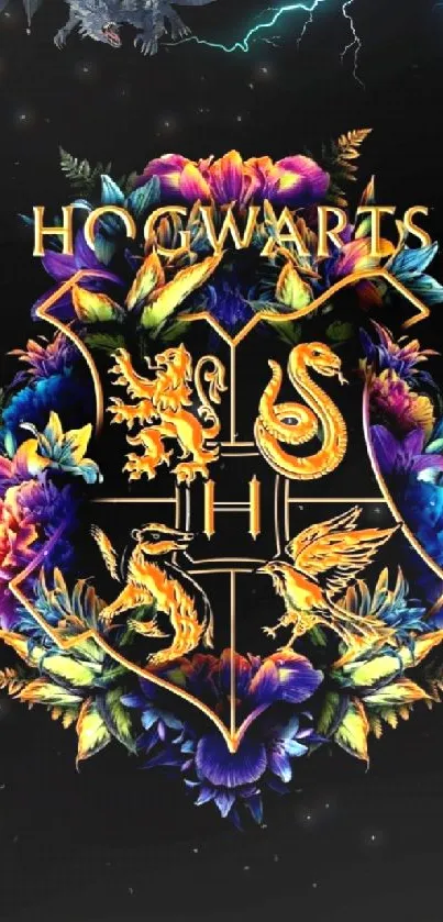 Vibrant Hogwarts crest with dragon and lightning.