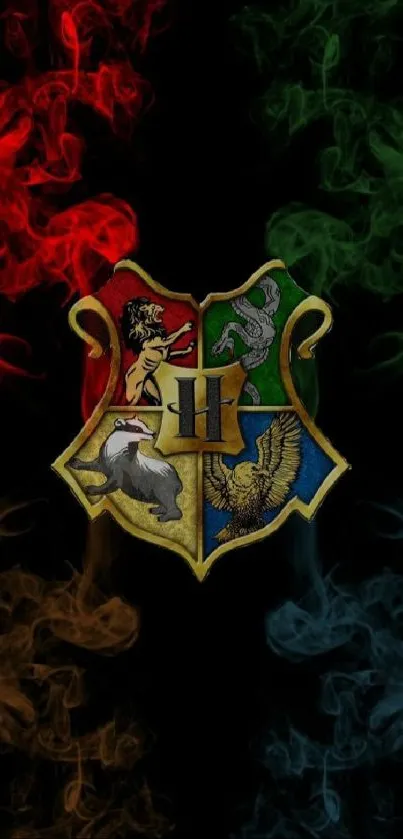 Hogwarts house crest with colorful smoke design.