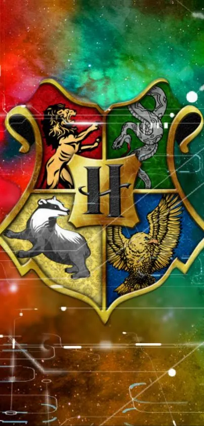 Vibrant Hogwarts house crest on a colorful galaxy background.