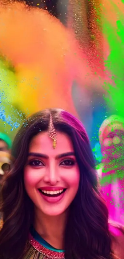 Colorful Holi celebration with vibrant pink and green hues.