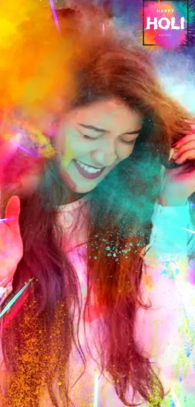 Joyful woman celebrating Holi with vibrant colored powder.