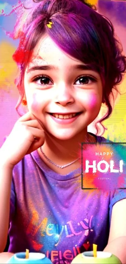 Colorful Holi festival wallpaper featuring a smiling child.