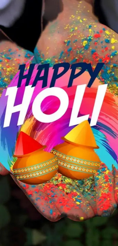 Happy Holi mobile wallpaper with colorful splashes and festive design.