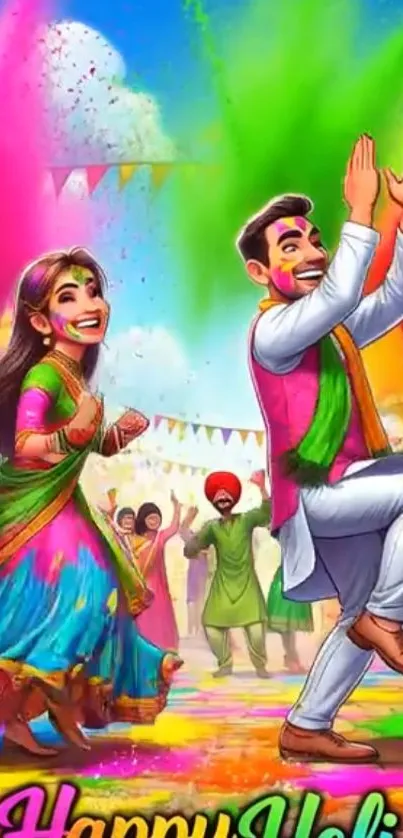 Vibrant Holi celebration with animated dancers and colorful splashes.