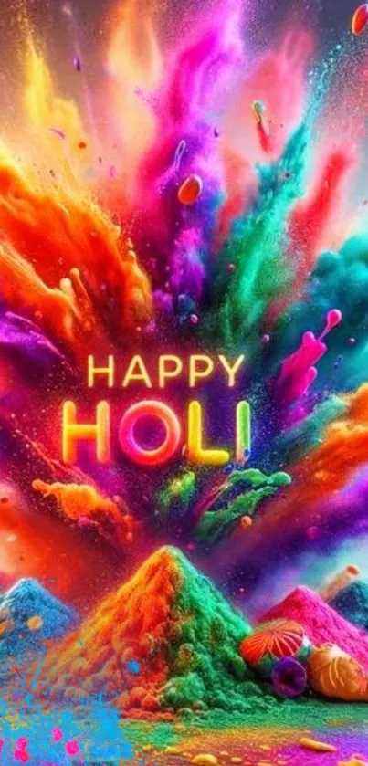Vibrant Holi festival wallpaper with colorful explosion and festive design.