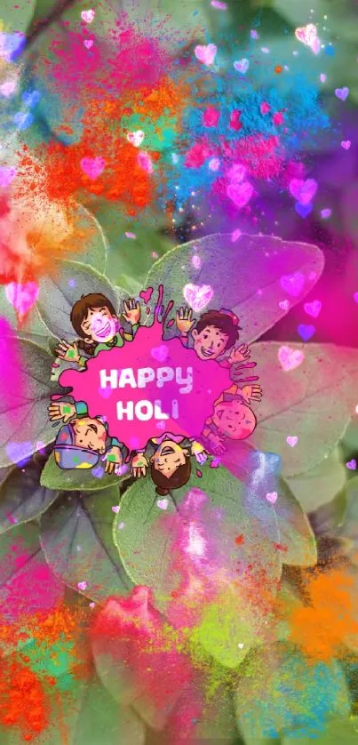 Vibrant Holi wallpaper with colors on green leaves.