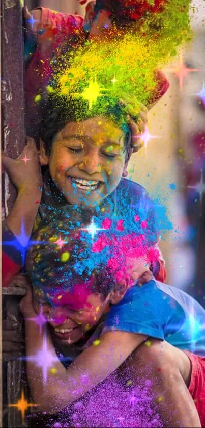 Children playing with colorful Holi powder.
