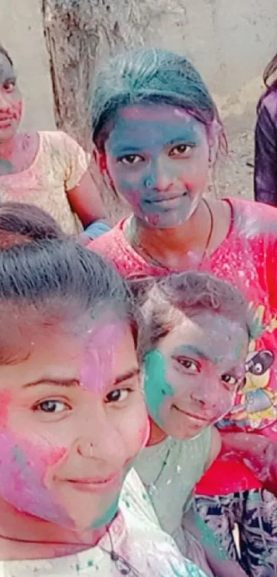 Vibrant Holi celebration with colorful faces and joyful expressions.