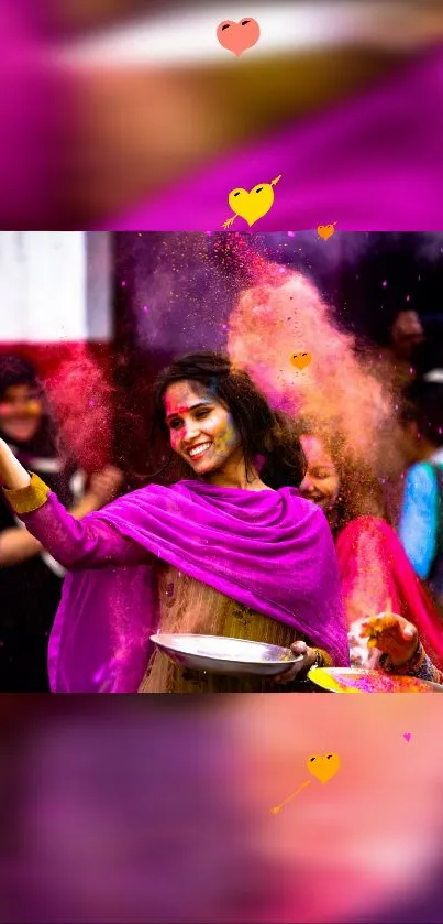 Vibrant Holi celebration with colors flying in the air, depicting joy and culture.