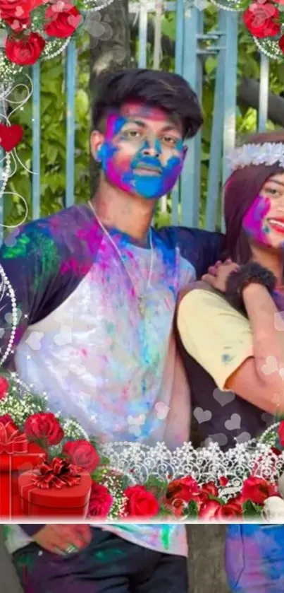 Colorful Holi festival wallpaper with friends and floral border.