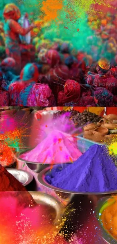 Vibrant Holi celebration with colorful powders and joyful crowd.