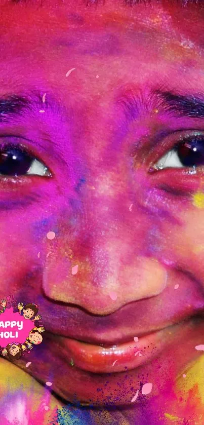 Colorful Holi mobile wallpaper showing a smiling face with vibrant colors.