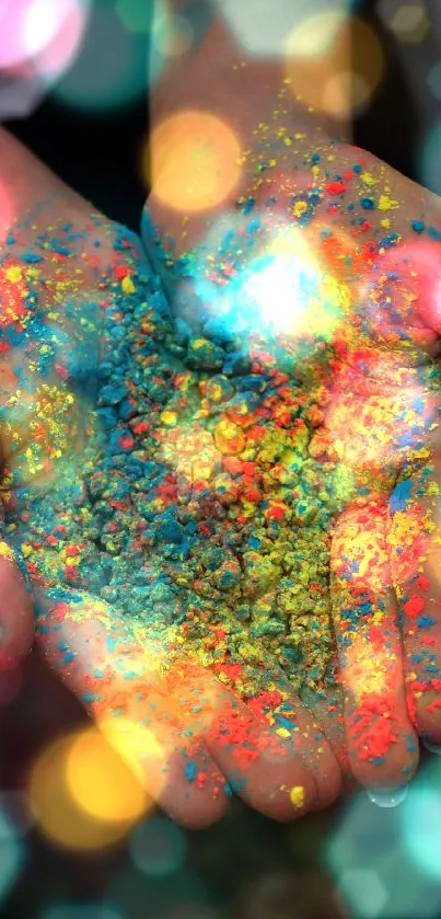 Hands holding vibrant Holi powder in colorful hues.