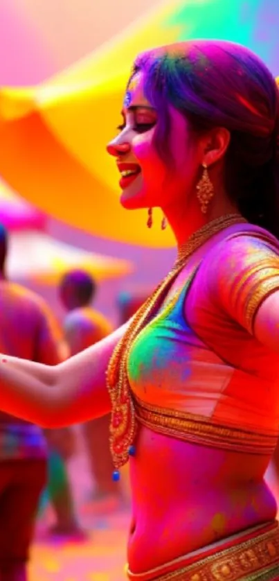 Colorful Holi festival dance scene with vibrant colors.