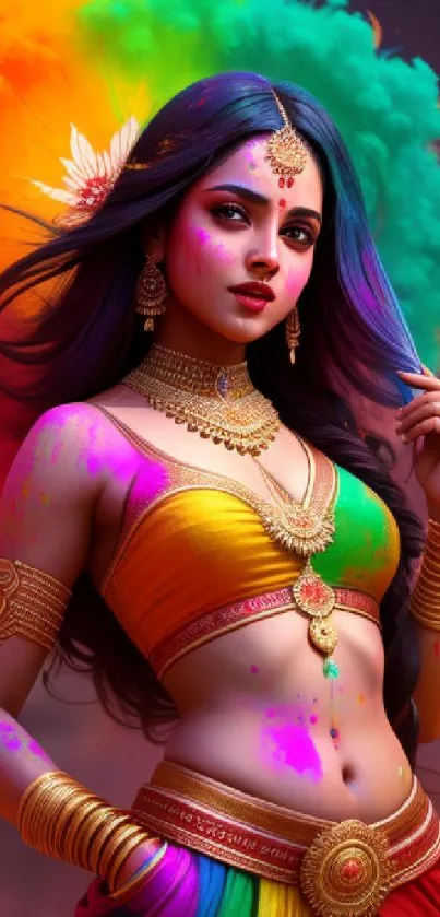 Vibrant Holi-themed mobile wallpaper with model in traditional attire.