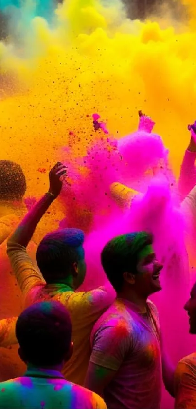 Joyful people celebrating Holi with vibrant colors exploding around.