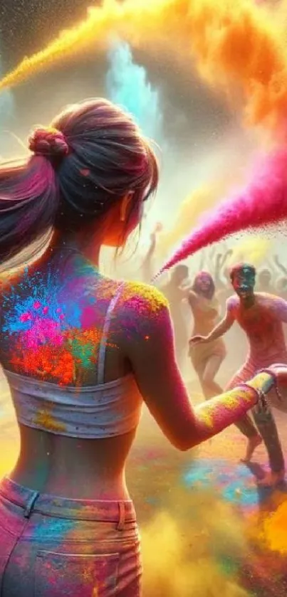 Vibrant Holi festival scene with colorful powder and dancing.